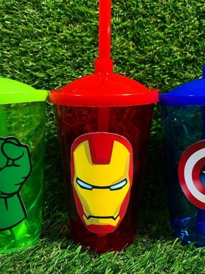 Copo com canudo super heróis personalizado 400ml