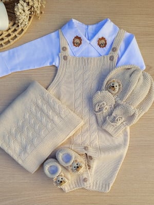 Saída maternidade menino jardineira bege tricot leão 6 peças