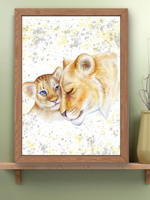 Quadro arte digital - leoa com seu filhote