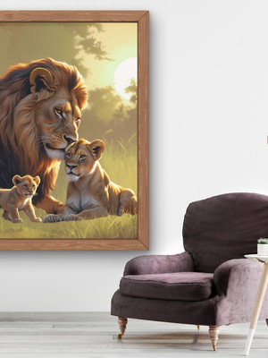 Arte digital quadro - família leão, leoa e filhote