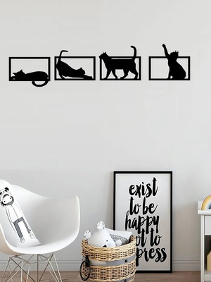 Kit 4 quadros gatos brincando decorativo mdf vazado preto