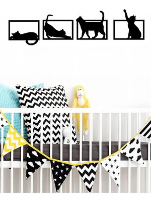 Kit 4 quadros gatos brincando decorativo mdf vazado preto