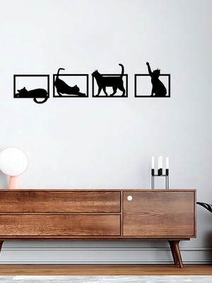 Kit 4 quadros gatos brincando decorativo mdf vazado preto