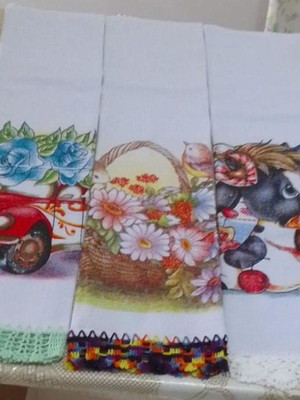 Pano de prato decorado com crochê kit com 3 peças