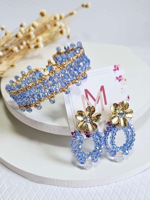 Conjunto bracelete e brincos zircônia aramado banhado ouro