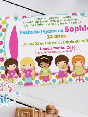 Convite tema festa do pijama 10x15 com envelope branco