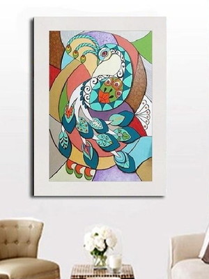 Quadro pintura em tela abstrato pavão com moldura