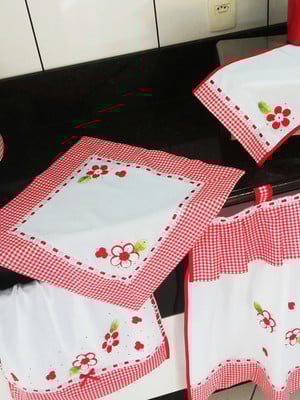 Conjuntinho de cozinha vermelho xadrez e flores escolha cor