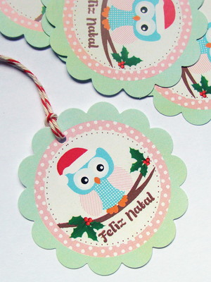 10 tags florzinha coruja feliz natal com cordão