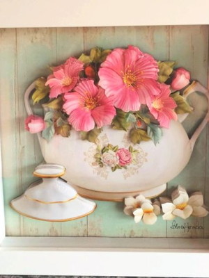 Quadro cozinha arte francesa bule flores rosas(efeito 3d)