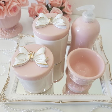 Kit higiene bebe porcelana menina rosa laço