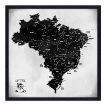 Quadro Mapa Brasil Pinar Viagens 60x60cm Preto e Branco - MP