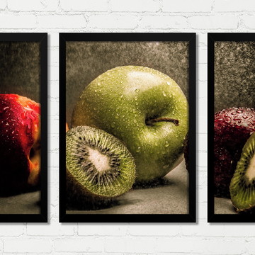 Quadros Frutas Maças Kiwis Cozinha Moldura Vidro A