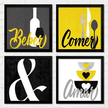 Quadros Comer Beber Amar Amarelo Preto Moldura e Vidro B
