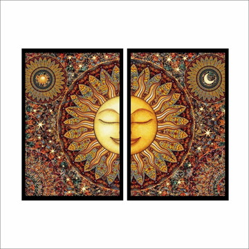 Dois Quadros com Moldura Preta Sol e Lua Hippie Art DP01MDP
