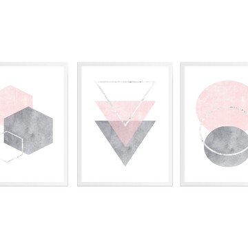 Quadros decorativos abstrato cinza e rosa moldura branca