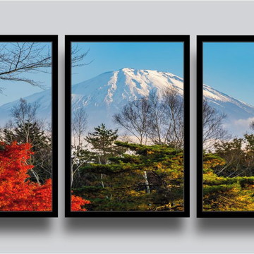 3 Quadros Decorativos Arvores Paisagem Montanha Trio Moldura