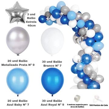 Kit arco desconstruído fita balões azul e prata estrelinha