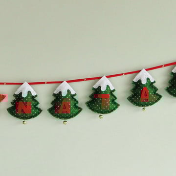 Varal feliz natal árvore com neve, estrela e guizo 1 feltro