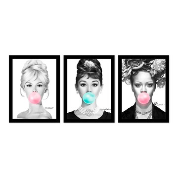 Kit 3 Quadros 33x43 Brigitte Bardot-Audrey Hepburn-Rihanna