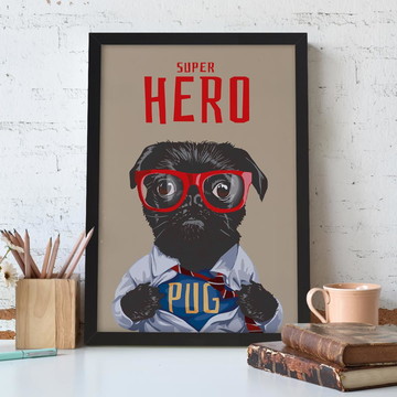 Quadro Decorativo Pug Super Hero com Moldura