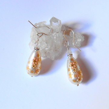 Brinco em prata 925 com gota com flores e cristal