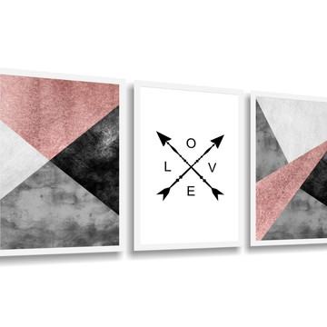 Kit 3 Quadros Abstrato Geométrico Love Rosê Conjunto Moldura