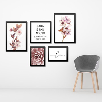 Kit 5 Quadros Decorativos Com Moldura Flores Love Sonhos