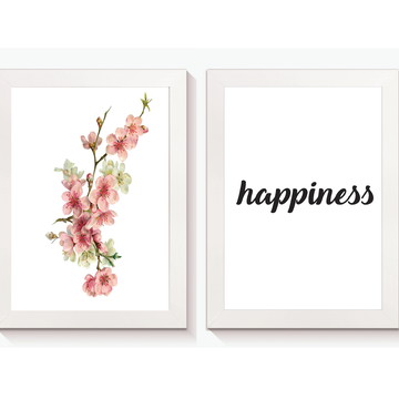 Kit 2 Quadros Flor de Pêssego Happiness Decoração Casa