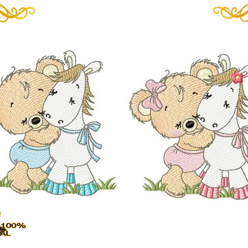 Matriz bordado com ursinha e ursinho com cavalinho