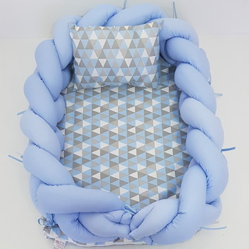 Ninho redutor para berço com trança com colchão azul cinza