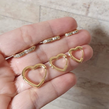 Trio brinco coração zircônia fecho click banhado ouro18k