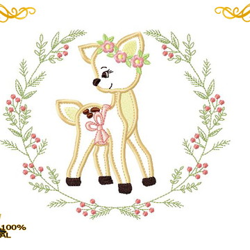 Matriz bordado comp ramo com cervo redwork aplique