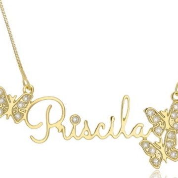 Colar com nome e borboletas com zircônia mod. 570