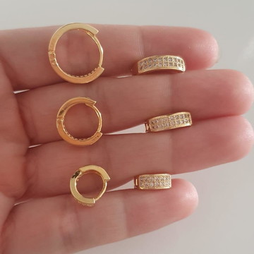 Trio brincos zirconia 11 12.5 15mm banhado ouro 18k 3 pares