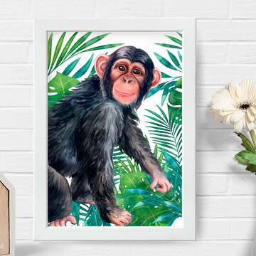 Quadro Decorativo Macaco Chimpanzé de Fone Sala Barato-M113