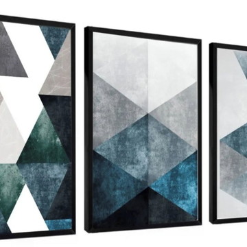 Kit 3 Quadros Decorativos Conjunto Abstrato Geométrico Azul