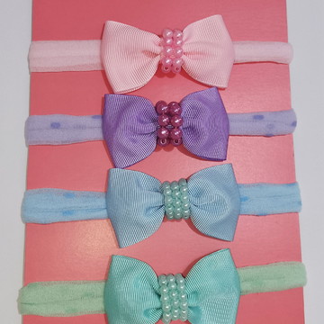 Kit com 4 faixinhas com laços e pérolas cores pasteis