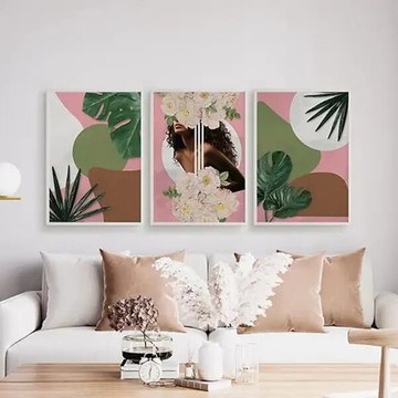 Kit 3 quadros mulher com flores e folhas (a3- com vidro)