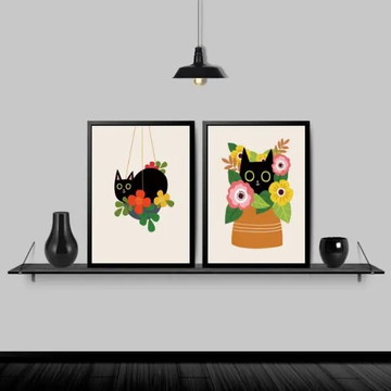 Kit 2 quadros gato com flores (a3 -com vidro)