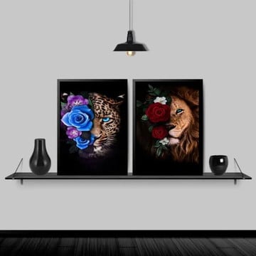 Kit 2 quadros onça e leão com flores (a3 -com vidro)