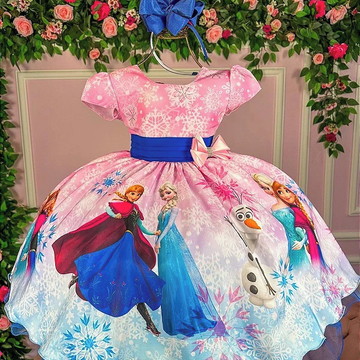 Vestido Infantil Frozen Elsa e Anna Azul Luxo - Fabuloso Ateliê