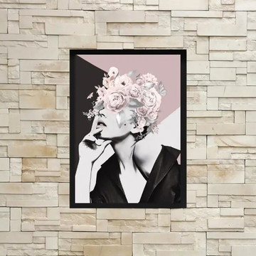 Quadro mulher geométrico com flores rosas (a3- com vidro)