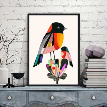 Quadro passarinho colorido com filhote (a3- com vidro)