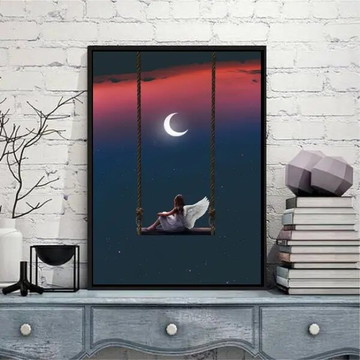 Quadro surrealista menina anjo com lua (a3- com vidro)