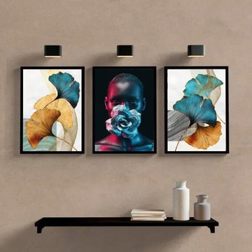 Kit 3 quadros mulher com flores azuis (a3- com vidro)