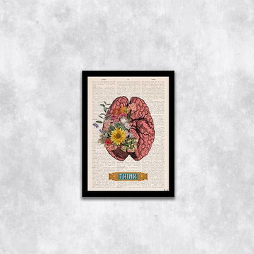 Quadro cérebro com flores think (a3- com vidro)