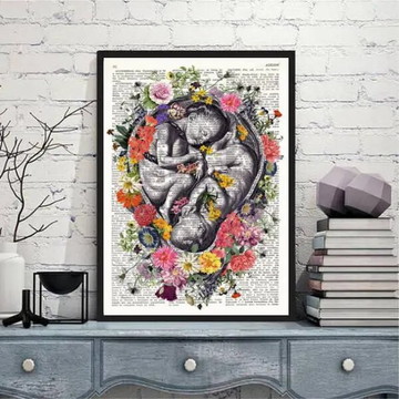 Quadro fetos gêmeos com flores (a3- com vidro)