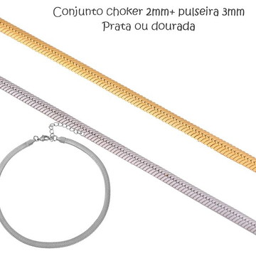 Conjunto aço inox dourado ou prata - corrente cobra