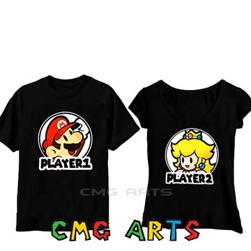 Kit camiseta casal player 1 player 2 mario princesa peach